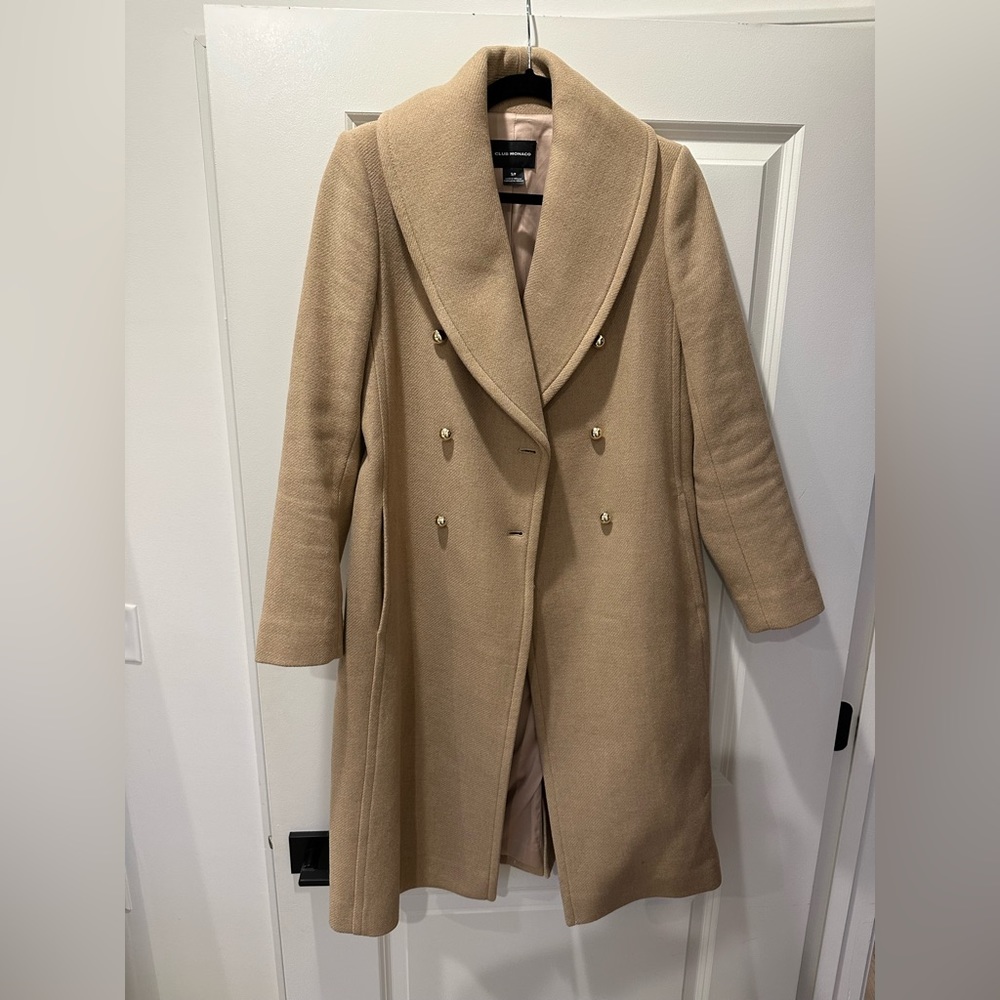 Camel wool blend coat with gold buttons